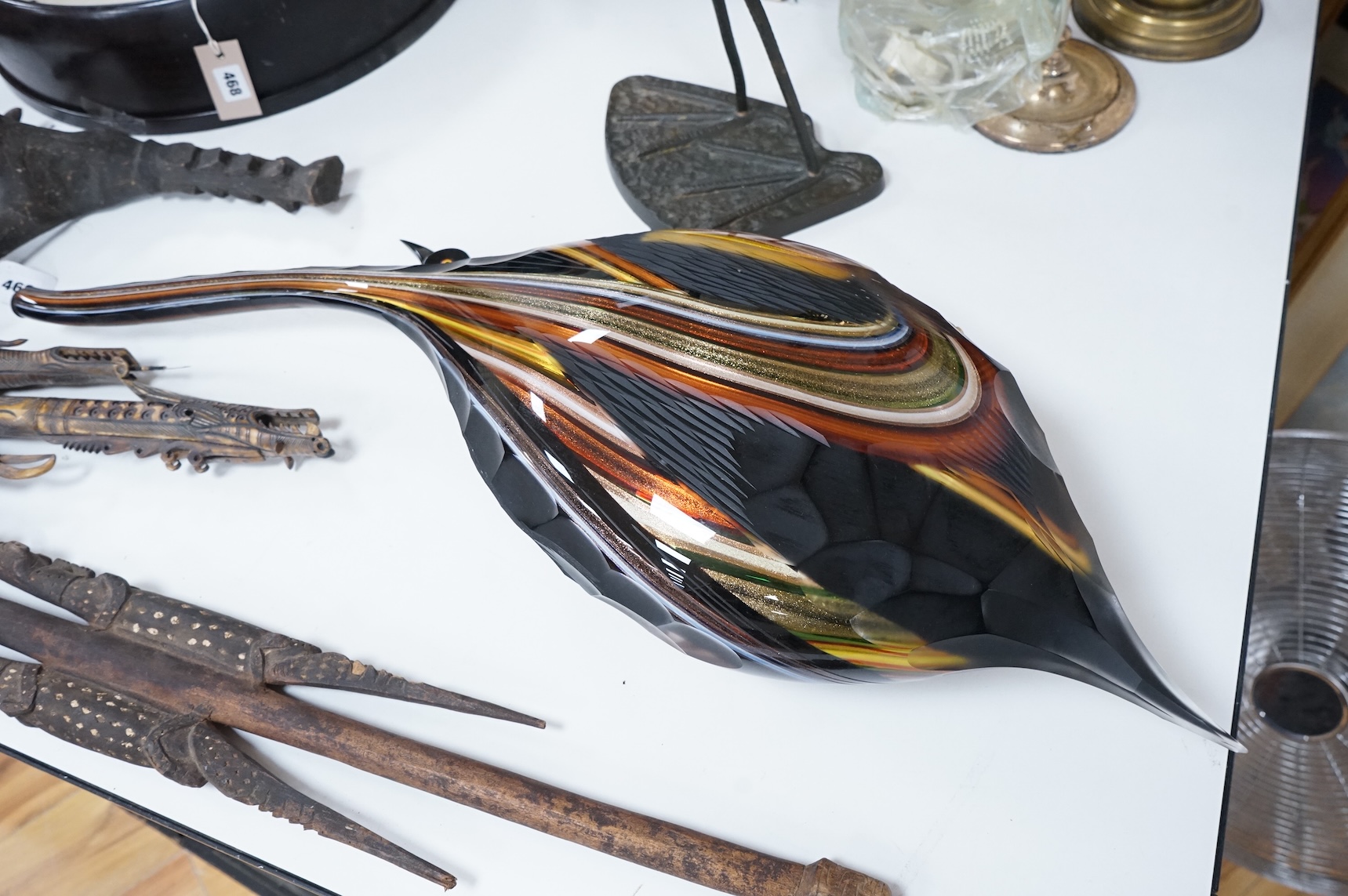A large Murano glass model of an emu on stand, 97cm in length